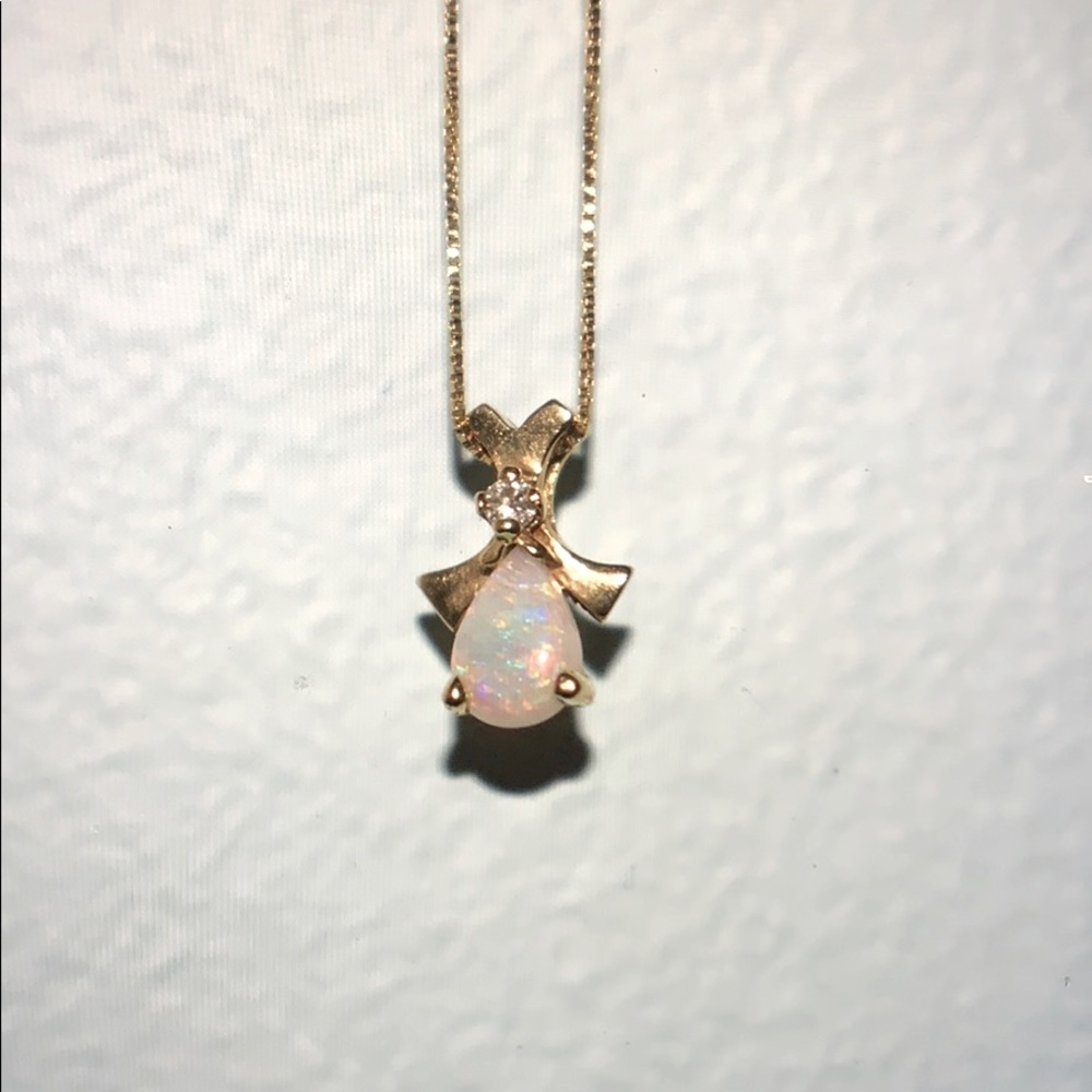 14 K Gold Pearl Cut Opal with Diamond Accent